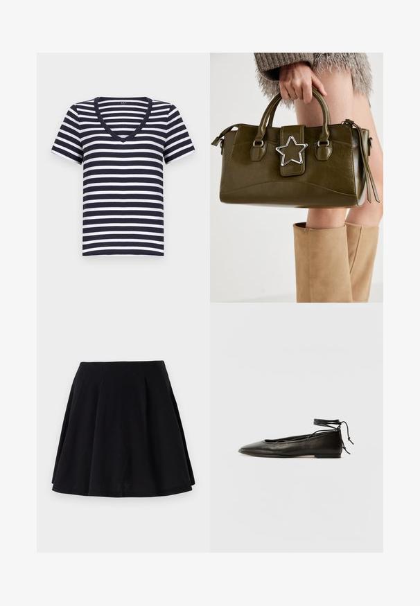 T-maica v modro-belih črtah s kratkimi rokavi, z v-izrezom in mehkim bombažem. Oblikovana za sproščen fit.; Črna bombažna krila s flared silhueto, ki ima naborke ob pasu in gladko teksturo. Primerna za vsakodnevno nošenje.; Črne usnjene baletne čevlje s koničastim nosom, vezi okrog gležnja in ravnim podplatom, ki se ponašajo z gladko teksturo in minimalističnim dizajnom.; Olivnozeleno usnjeno ročno torbico z srebrno zvezdo, dvema ročajema in zadrgo. Teksturna površina in strukturirana oblika.