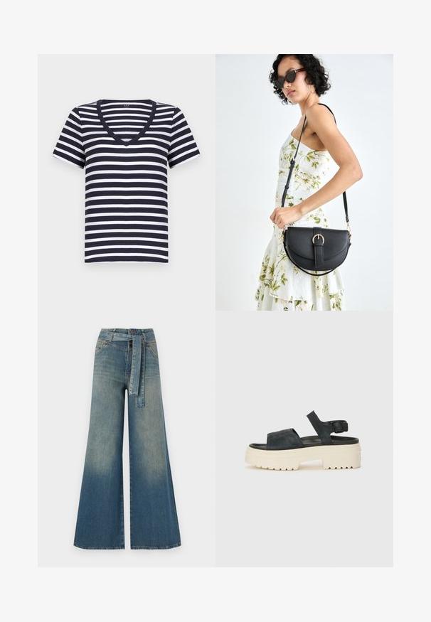 Námořnické modré a bílé pruhované tričko s krátkými rukávy, véčkovým výstřihem a měkkou bavlněnou tkaninou. Střih pro volný a pohodlný fit.; Džínové kalhoty širokého střihu s přechodem od světlé k tmavě modré, vysokým pasem, poutky na opasek a odpovídajícím opaskem ze stejného materiálu. Texturovaná džínovina.; Černé semišové platformové sandály s robustní bílou podrážkou, širokým předním páskem a nastavitelným řemínkem kolem kotníku. Texturovaná podrážka pro lepší grip.; Černá kožená kabelka s křivkovým tvarem, odnímatelným popruhem a zlatými detaily. Kabelka má klopu s přezkou.