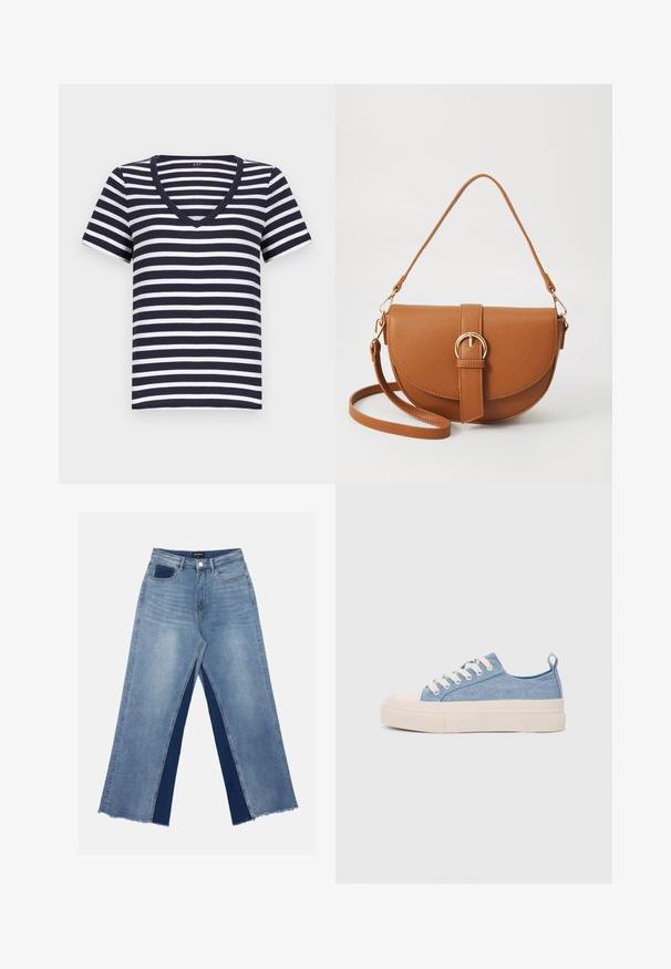 Jūras spēku un baltas svītrains T-krekls ar īsām piedurknēm, V veida kakla izgriezumu un mīkstu kokvilnas audumu. Izgriezts brīvam piegriezumam.; Gaiši zili platā piegriezuma džinsi ar kontrastējošiem tumši ziliem paneļiem, nodilušiem apakšmalām un standarta jostasvietu ar metāla pogu aizdari.; Gaiši zili kanvas sneakeri ar krēmkrāsas gumijas pirksta aizsargu un ārējo zoli, aprīkoti ar baltām šņorēm un cilpu uz papēža.; Brūns ādas plecu soma ar izliekta formu, zelta piederumiem un sprādzes akcentu. Iesaiņota ar noņemamu plecu siksnu.