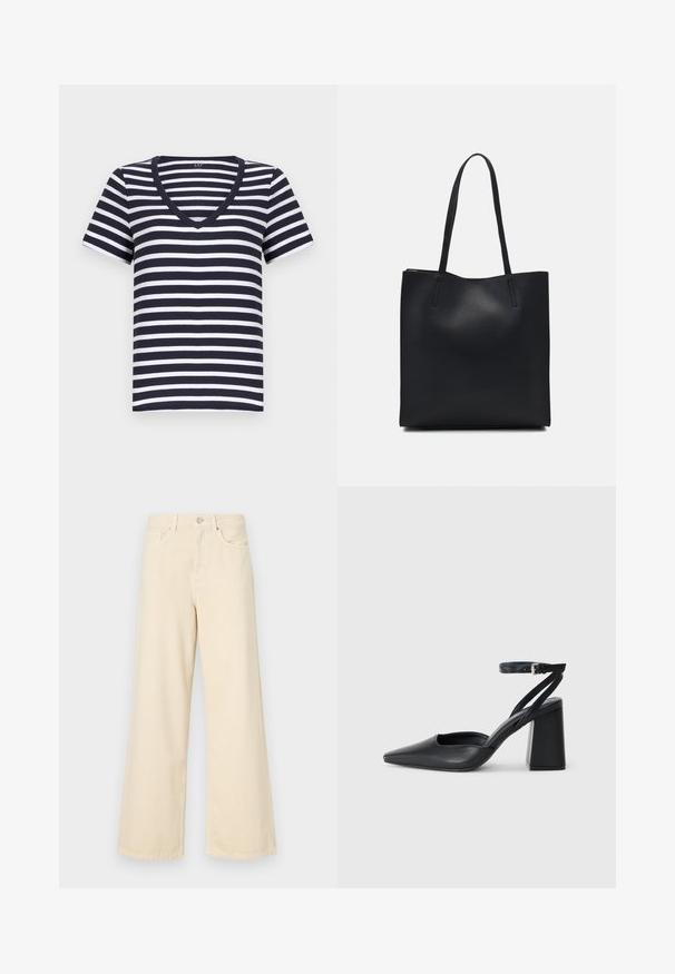 Navy and white striped t-shirt with short sleeves, a v-neckline, and a soft cotton fabric. Cut for a casual fit.; Beige wide-leg jeans made of cotton. Features a button closure, belt loops, and front pockets with a smooth, soft texture.; Black leather pointy-toe pump with an ankle strap and a chunky heel. Flat texture, sleek design, and minimalistic aesthetics.; Black leather tote bag with smooth texture, rectangular shape, and two long handles. No visible hardware or embellishments.