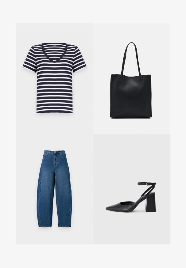 Navy and white striped t-shirt with short sleeves, a v-neckline, and a soft cotton fabric. Cut for a casual fit.; Denim jeans in a medium blue wash, featuring a high waist, wide leg cut, and standard five-pocket design with visible stitching details.; Black leather pointy-toe pump with an ankle strap and a chunky heel. Flat texture, sleek design, and minimalistic aesthetics.; Black leather tote bag with smooth texture, rectangular shape, and two long handles. No visible hardware or embellishments.