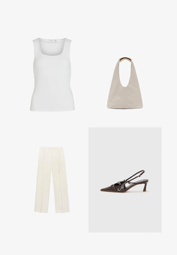Witte mouwloze tanktop met een vierkante halslijn, een gladde textuur en een nauwsluitend ontwerp. Gemaakt van lichtgewicht stof.; Wijdgevallen broeken in een lichtcrème kleur. Gemaakt van een zachte stof met plooien aan de voorkant en zijzakken.; Bruine gepatineerde leren slingback hak met een spitze neus, verstelbare straps en decoratieve gespen aan de voorkant. 3-inch hakhoogte.; Lichtgrijze leren tas met een U-vormig ontwerp en een gebogen metalen handvat. Glad oppervlak met minimale stiksels en geen zichtbare patronen.
