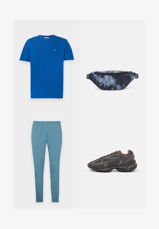 Camiseta azul de algodón con cuello redondo y mangas cortas. Presenta un pequeño logo blanco en el pecho izquierdo. Textura suave, diseño casual.; Pantalones de chándal azul claro fabricados en un tejido suave, con un diseño ajustado, cinturilla elástica y dobladillos con puños. Logo pequeño en un lado.; Zapatillas Lacoste en gris oscuro con material de malla y sintético, que cuentan con una suela texturizada y detalles en marrón en el cuello y la marca.; Riñonera en estampado de tie-dye azul oscuro con cremallera en la parte superior, material texturizado y un detalle de logotipo prominente en la parte frontal.
