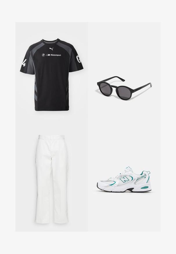 Fekete póló szürke részletekkel, rövid ujjakkal, kerek nyakkal, a BMW és Puma logójával, valamint a '4' számmal az ujjon.; Fehér pamut nadrág, egyenes szabással, övhurkokkal és oldalzsebekkel, sima textúrával és minimalista részletezéssel.; Fehér sportcipő hálós és szintetikus panelekkel, türkiz kiegészítőkkel, lekerekített orral, fűzős elejével és fekete gumitalppal.; Fekete napszemüveg kerek, enyhén hullámos kerettel, sötét lencsékkel és egyenes fekete szárakkal. Simaságot és fényes felületet jellemző, látható minták nélkül.