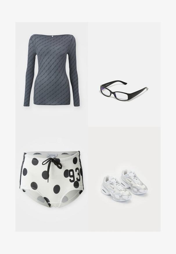 Pilkas ilgos rankovės viršus su prigludusia forma, su pasikartojančia logotipo raštu ir plačiu iškirpimu, pagamintas iš lygios, lengvos medžiagos.; Juoda ir balta poilsio šortai su taškelių raštu, turintys raištelį juosmenyje, su numeriu "93" priekyje ir lygiu, elastingu audiniu.; Balti sportiniai bateliai su tinkliniu paviršiumi, sidabro akcentais, unikaliu siluetu ir oro pagalvėmis kulne. Su raištelių dizainu ir logotipo elementu.; Juodi stačiakampiai akinių rėmeliai su skaidriais lęšiais. Blizgus paviršius, siauri šonai ir purpurinis atspalvis, matomas lęšių pakraščiuose.
