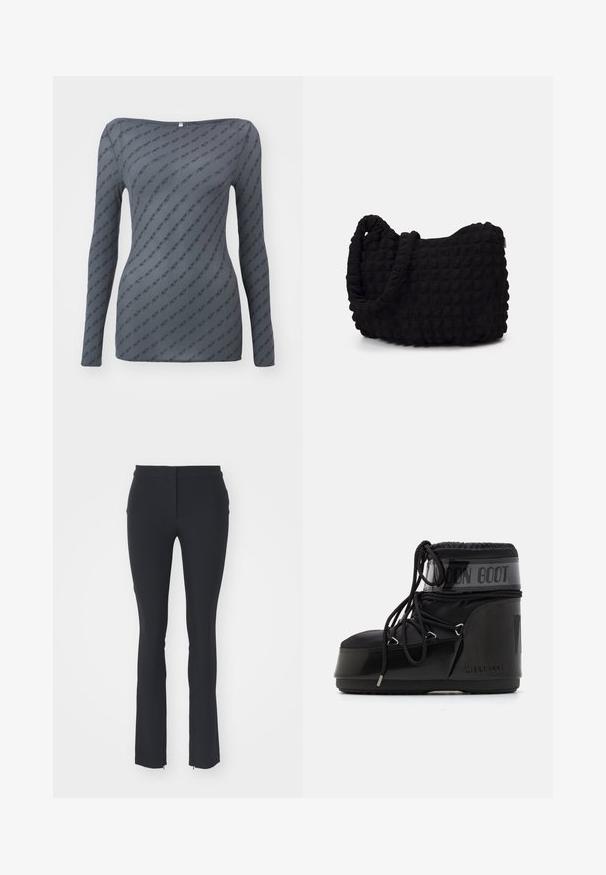 Harmaa pitkähihaisen yläosan, jossa on vartalonmyötäinen malli, toistuva logokuvio ja leveä kaula-aukko, valmistettu sileästä ja kevyestä kankaasta.; Mustat joustavat housut, joissa on istuva muotoilu, sileä pinta, suora leikkaus ja pienet sivuvetoketjut helmassa.; Mustat kuun saappaat kiiltävällä pinnalla, pyöristetty kärki, pehmustettu yläosa ja teksturoitu pohja. Varustettu nauhoilla ja kohokuvioidulla brändäyksellä sivussa.; Musta kangaspussi, jossa on teksturoitu, tikkikuvio. Pyöreä muoto, lyhyet, paksut kahvat ja pehmeä, joustava rakenne.