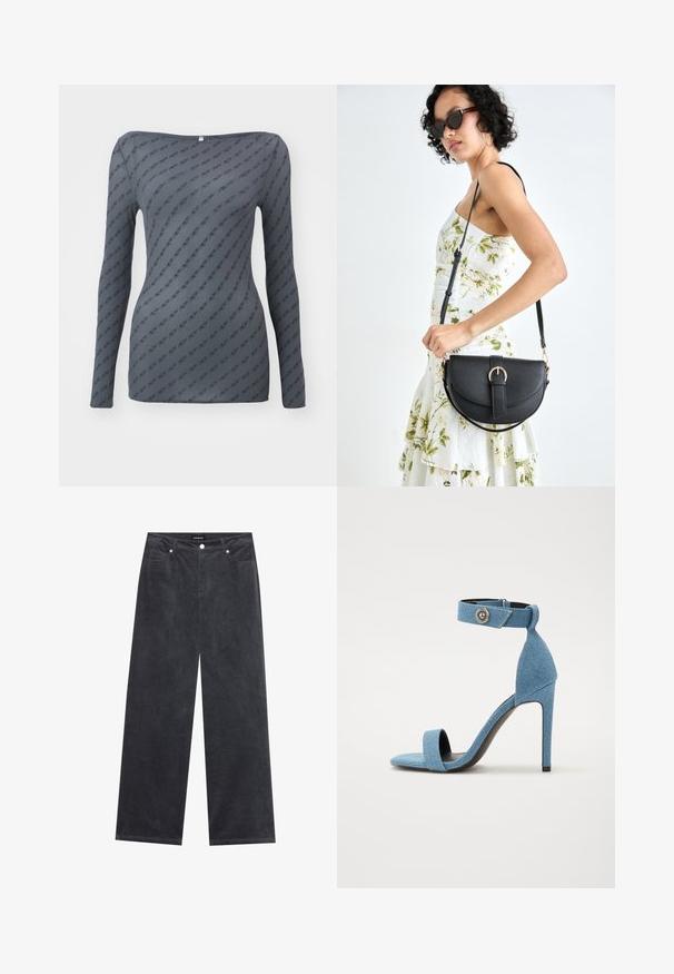 Hallitusseente pikkade varrukatega T-särk, millel on keha lähedane lõige, korduv logo muster ja lai kaelus, valmistatud siledast ja kergetest kangast.; Laialda jalgadega püksid tumehallist korduroost, millel on nööp sulgemine, neli taskut ja pehme tekstuuriga viimistlus.; Sinine teksakangas kõrge kontsaga sandaal, millel on pahkluu rihm ja nööbiklapp. Omab ruudukujulist varvast ja musta tallaga kontrasti jaoks.; Mustmust mustraha kõverate joontega, eemaldatava rihmaga ja kuldsete detailidega. Kotil on klapp, millel on pandladetail.