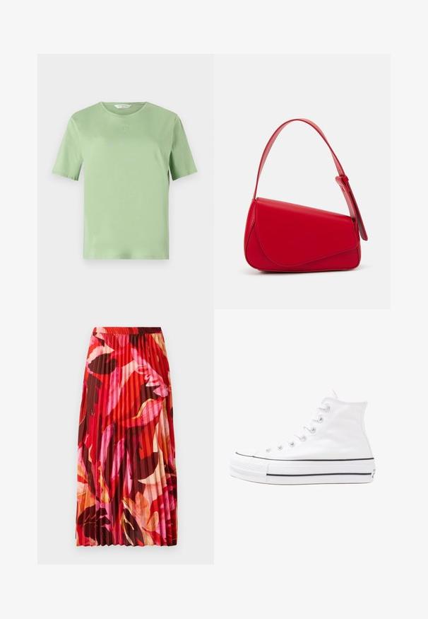 Tricou scurt cu mânecă scurtă, de culoare verde deschis, confecționat dintr-un material moale. Prezintă un decolteu de tip crew și un mic logo embosat pe piept. Design simplu.; Bluză florală cu mâneci lungi și puff, bază de crem deschis, cu modele florale în nuanțe de violet, portocaliu și verde, și design cu guler clasic.; Fustă maxi pliată într-un model floral vibrant în nuanțe de roșu, roz și maroniu. Banda elastică la talie și textura netedă îmbunătățesc confortul și stilul.; Adidași albi tip pantofi sport cu glezna din pânză, cu talpă din cauciuc negru, capac de vârf din cauciuc frontal și șase ochiuri pentru șireturi, având un design curat și minimalist.; Geantă de mână din piele roșie, cu un design unghiular și geometric. Dispune de o singură curea ajustabilă și un sistem de închidere cu clapetă, cu detalii cusute.