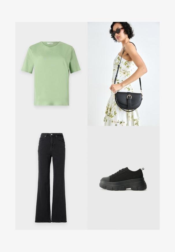 T-shirt de manga curta verde-claro, feito de um tecido suave. Apresenta um decote redondo e um pequeno logótipo em relevo no peito. Design simples.; Calças de ganga pretas de cintura alta com pernas largas, botão frontal e design de cinco bolsos sobre um fundo branco liso.; Sneakers pretos com sola de borracha robusta, parte superior de tecido texturizado, bico redondo e design de atacadores. Apresenta ilhós reforçados e uma alça na parte posterior.; Bolsa de couro preta com forma curva, alça destacável e detalhes em dourado. A bolsa possui uma aba com detalhe de fivela.
