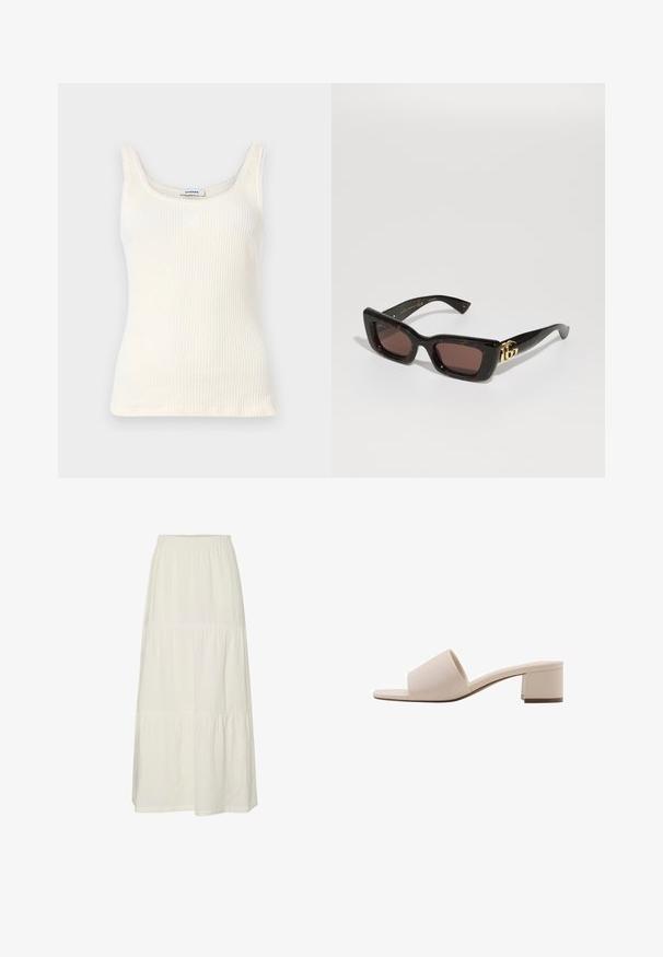 Kremowy top na ramiączkach z ribbowanej tkaniny, z okrągłym dekoltem, wąskimi ramiączkami i małym logo z przodu. Miękka faktura, dopasowany krój i prosty dół.; Biała, warstwowa maxi spódnica z lekkiego, teksturowanego materiału z elastycznym pasem. Posiada trzy wyraźnie oddzielone sekcje materiału.; Beżowe sandały na słupku z szerokim paskiem i otwartym noskiem. Gładki materiał i elegancki design. Krótki, solidny obcas dla stabilności.; Czarne okulary przeciwsłoneczne w kolorze tortoise z prostokątnymi soczewkami, brązowym zabarwieniem, grubą oprawką i złotym logo podwójnego G na zauszniku.; Torebka z koralikami w żywych kolorach: różowym, pomarańczowym, niebieskim i brązowym. Teksturowana powierzchnia z okrągłymi koralikami i organicznymi kształtami, mocne uchwyty.; Złocone kolczyki w kształcie kół z zewnętrzną krawędzią pokrytą wzorem w muszki, charakteryzujące się gładkim wykończeniem i eleganckim, okrągłym kształtem.
