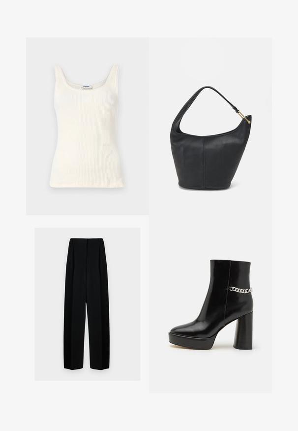 Crème ribbel tanktop met een ronde halslijn, smalle bandjes en een klein logo aan de voorkant. Zachte textuur, aansluitende pasvorm en rechte zoom.; Zwarte wijde broek met een hoge taille, met plooien en een gladde textuur. De stof lijkt lichtgewicht en valt elegant.; Zwarte gepoetste leren enkelboot met een chunky plateau en hoge blokhak. Kenmerkt zich door een zilveren kettingaccent aan de zijkant. Glad textuur.; Zwarte leren handtas met een ronde vorm, een brede schouderriem en een gestructureerde afwerking. Bevat subtiele naaddetails en een gouden hardwareaccent.