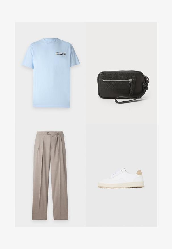 Lyseblå bomulds T-shirt med rund halsudskæring og korte ærmer. Broderet design med overlappende cirkler i gul, rød og blå.; Emporio Armani TROUSER - Bukser - beige medio; Hvide lavt-op sneakers med en tekstureret læderoverdel, cremefarvet ribbet sål og en tan hælaccent. Har hvide snørebånd og logo-detalje på hælen.; Sort læder clutch med struktureret overflade, frontlynlåslomme og aftageligt håndledsrem. Har et logo patch på forsiden. Firkantet form.