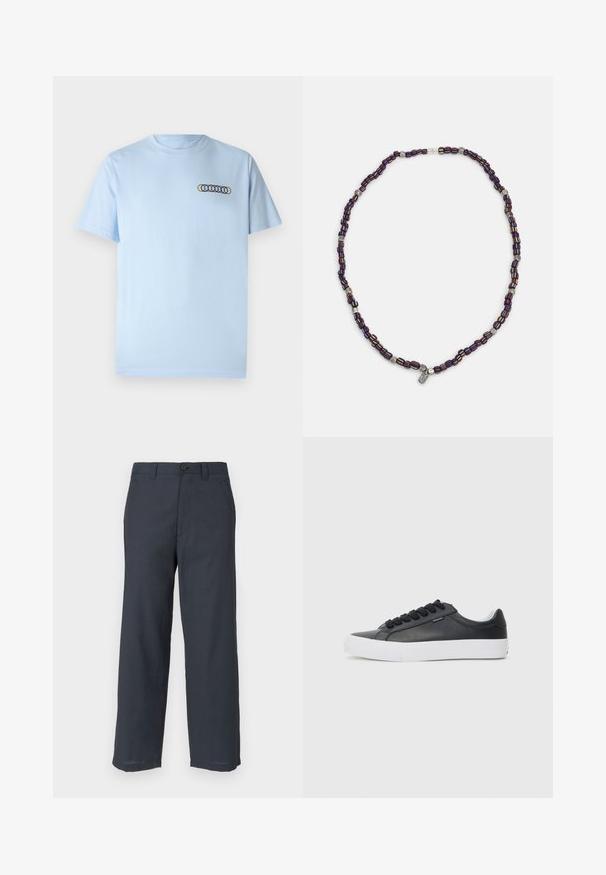 Lyseblå bomulls t-skjorte med rund hals og korte ermer. Brodert design med overlappende sirkler i gul, rød og blå.; Marineblå bukser laget av glatt stoff, med rette ben, to fremre lommer og en enkelt knappelukking.; Svart lær-sneaker med hvit gummisåle, rund tå og svarte snørebånd, med en glatt tekstur og minimalistisk design.; Flerfarget perlekjede med mørkeblå, røde og gule perler, iblandet sølvdetaljer og en hengende anheng.