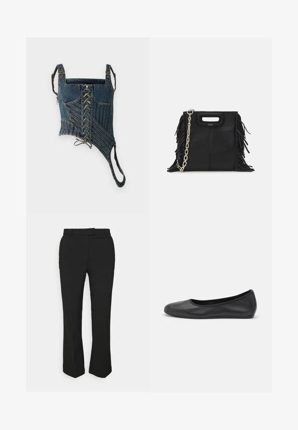 Feng Chen Wang SEAMING DECONSTRUCTED CORSAGE - Top - blue; Pantaloni neri su misura con design a gamba dritta, dotati di passanti per cintura e tasche laterali. Realizzati in tessuto liscio con una finitura pulita.; Pantofole da balletto nere in pelle con punta arrotondata, texture liscia, dettagli di cucitura minimi e design con suola flessibile.; Borsa a tracolla in pelle nera con dettagli a frangia, catena dorata e manico ritagliato. Presenta il logo sulla parte anteriore.