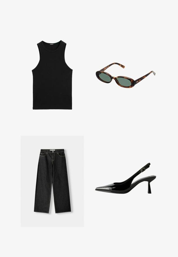 Schwarzes, geripptes Tanktop mit rundem Ausschnitt und weiten Armausschnitten. Hergestellt aus weichem, dehnbarem Stoff. Einfaches, körperbetontes Design.; Schwarze Jeans mit weitem Bein aus Denim, mit fünf Taschen, metallischem Knopf und Reißverschluss und kontrastierenden gelben Nähten entlang der Nähte.; Schwarze Lackleder Slingback-Pumps mit spitzem Zeh, ausgeschnittenen Seiten, verstellbarem Knöchelriemen und einem dünnen, eleganten Absatz.; Schildpatt-Sonnenbrille mit ovalen Rahmen und grünen Gläsern. Verfügt über dünne Bügel mit einem metallischen Akzent in der Nähe der Scharniere.