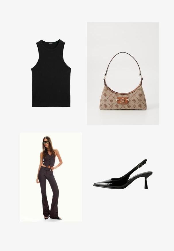 Black ribbed tank top with a round neckline and wide armholes. Made of soft, stretchy fabric. Simple, form-fitting design.; Brown pinstriped cropped vest and flared pants, featuring buttons and a textured fabric. Black open-toed shoes and oversized sunglasses.; Black patent leather slingback pump with a pointed toe, cutout sides, adjustable ankle strap, and a thin, sleek heel.; Tote bag in beige fabric with brown patterned accents. Features a curved shape, single strap, and a logo plaque in front with silver hardware.
