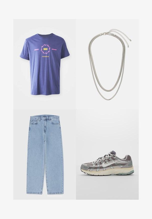 Purpurinė medvilninė marškinėliai trumpomis rankovėmis su ryškiu grafiniu dizainu. Apima "Nike" geltonos spalvos, esantį rožiniame sūkurio ir tekstinių akcentų.; Šviesiai mėlyni džinsai su tiesiomis kojomis, turintys vidutinio aukščio juosmenį, penkias kišenes ir mygtuko bei užtrauktuko uždarymą.; Pilkas sportinis batas su tinklu ir zomšos viršutine dalimi, baltomis detalėmis, paminkštintu padu ir išskirtiniu dizainu su atspindinčiais elementais.; Trijų sluoksnių sidabrinė metalinė apyrankė, kuri pasižymi stilingomis, lankstosiomis grandinėlėmis su švelniu blizgesiu, užsegama krabų užsegimu ir reguliuojama grandinė.