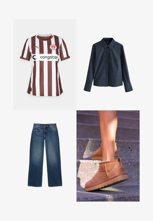 Hnědý a bílý pruhovaný dres s krátkými rukávy a kulatým výstřihem, na přední straně s logem a textem sponzora. Vyroben z texturované tkaniny.; Tmavě modrá košile s dlouhými rukávy a bílými svislými pruhy, límečkem a zapínáním na knoflíky vpředu. Má štíhlý střih a manžety na rukávech.; Široké modré džíny z denimu s vybledlým práním, pětivreckovým designem a kontrastním šitím. Zapínání na knoflík a zip.; Světlé semišové kotníkové boty s měkkou strukturou, prošívanými detaily a gumovou podrážkou, s okrouhlým podpatkem pro snadné obouvání.
