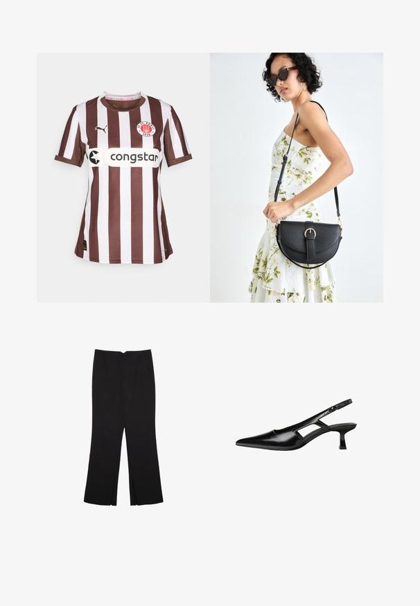 Rjava in bela črtasta majica s kratkimi rokavi, okroglim izrezom, z logotipom in besedilom sponzorja spredaj. Izdelana iz teksturiranega blaga.; Črne hlače ravnega kroja z naglavnimi žepi in stranskimi razporki na robu. Narejene iz mehke, gladke tkanine. Primerne za različne priložnosti.; Črne patentični usnjeni salonarji s slingback designom, z zašiljenim nosom, izrezanim stranskim dizajnom in majhnim kvadratnim peto. Gladka tekstura z minimalnimi detajli.; Črna usnjena torbica s ukrivljeno obliko, z odstranljivo naramnico in zlatimi dodatki. Torbica ima pokrov s podrobnostmi v obliki zaponke.