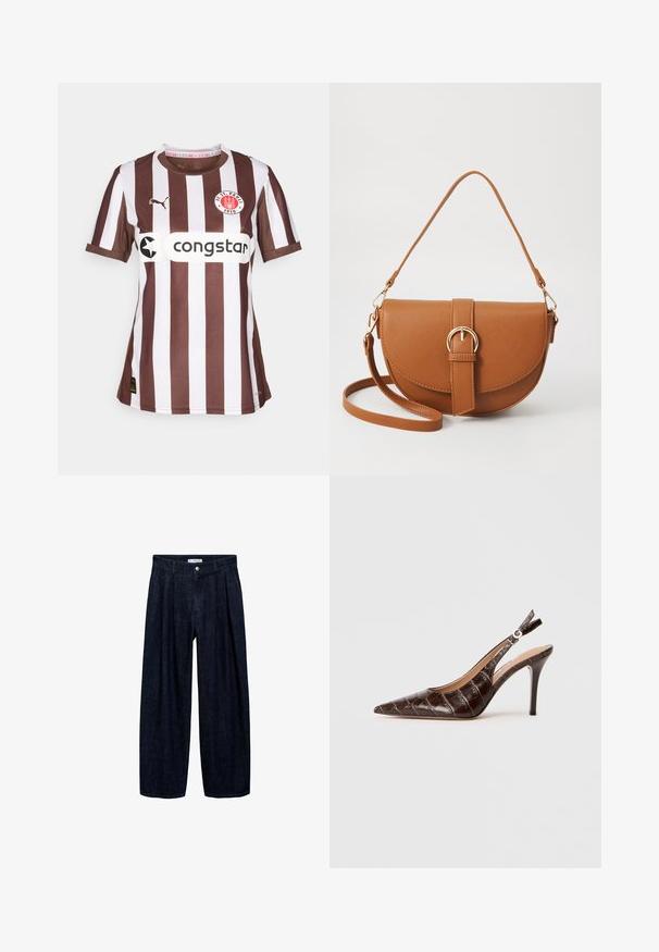Brun och vit randig tröja med korta ärmar och rundad halsringning, med en logopatch och sponsorskrift på framsidan. Tillverkad av texturerat tyg.; Mörk denim vida byxor med veck vid midjan, med en framknapp och bältesögglor. Slät textur och helängdsdesign.; Brun, krokodilmönstrad läder slingback pumps med spetsig tå, öppna sidor och en tunn hög klack. Utformad med justerbart spänne.; Brun läder crossbody-väska med en böjd form, gyllene detaljer och en spänneaccent. Har en avtagbar axelrem.