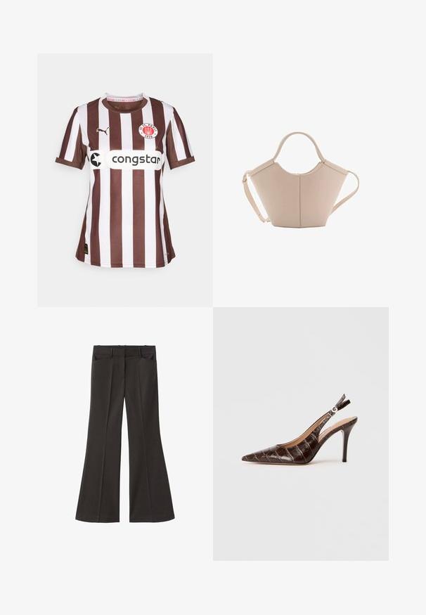 Maglia a righe marrone e bianca con maniche corte e collo tondo, caratterizzata da una toppa con logo e testo dello sponsor sul davanti. Realizzata in tessuto testurizzato.; Pantaloni neri a zampa d'elefante con vita alta; presentano due tasche frontali e una texture del tessuto liscia. Adatti per varie occasioni.; Slingback pump in pelle marrone con effetto coccodrillo, punta appuntita, lati aperti e tacco alto sottile. Progettato con regolazione a fibbia.; Borsa in pelle beige con una forma unica, caratterizzata da due manici corti e una lunga tracolla regolabile. Texture liscia con hardware minimale.