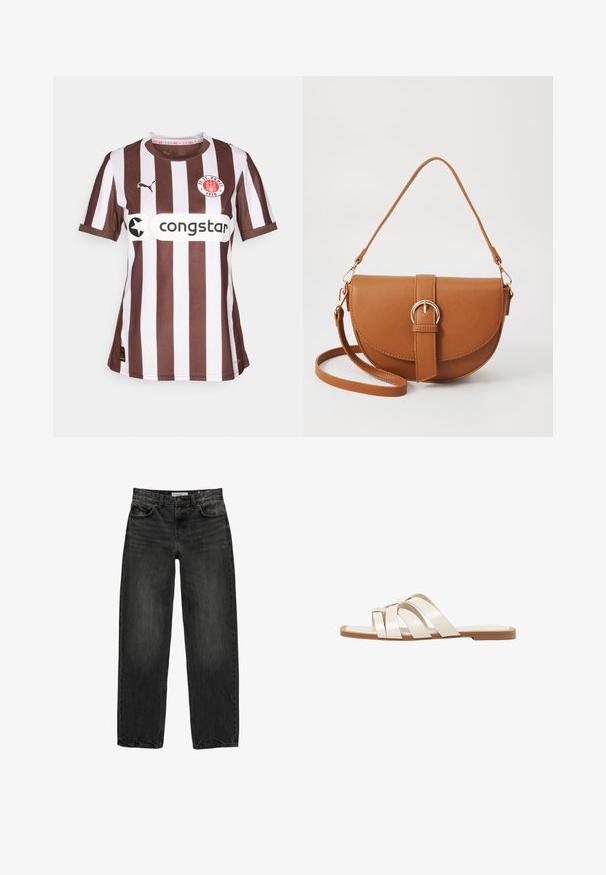 Hnědý a bílý pruhovaný dres s krátkými rukávy a kulatým výstřihem, na přední straně s logem a textem sponzora. Vyroben z texturované tkaniny.; Černé džíny z denimu se uvolněným střihem, rovnými nohavicemi, pětikaškovým designem a lehce vybledlým vzhledem. Zapínání na knoflík a zip v přední části.; Ploché sandály s hnědou gumovou podrážkou, navržené se třemi překrývajícími se bílými koženými řemínky a malým mašlí uprostřed.; Hnědá kožená křížová taška s zakřiveným tvarem, zlatými detaily a akcentem s přezkou. Obsahuje odnímatelný popruh na rameno.