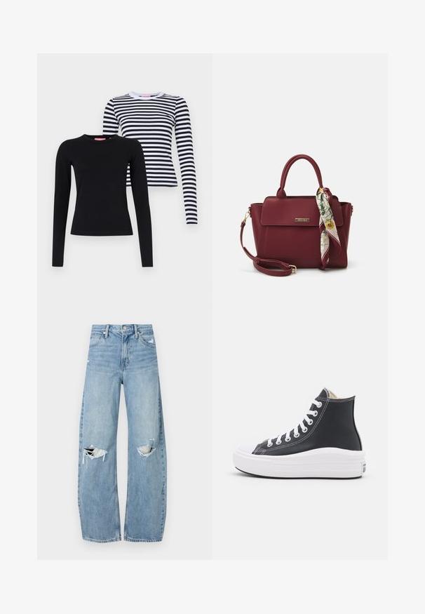 To lange ermer: en helsvart og en hvit med svarte horisontale striper. Begge har rund hals og tettsittende design.; Lyseblå høytlivsjeans laget av denim. Har vide bein, to revne knær og klassisk fem-lommers design.; Sorte høye sneakers med hvite snører og gummisåle. Har en glatt lærtekstur og hvite søm detaljer.; Burgunderfarget håndveske laget av syntetisk materiale med en strukturert design, som har en avtagbar stropp og et blomstermønstret skjerf knyttet til håndtaket.