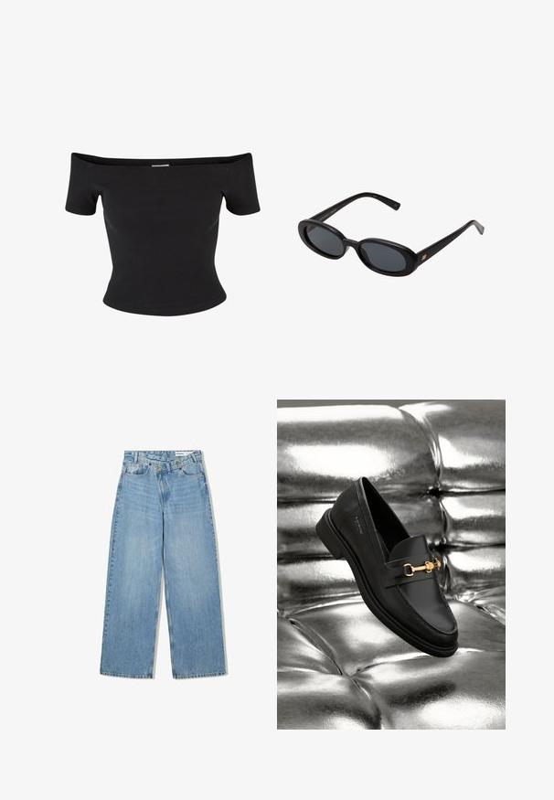 Črno top s spuščenimi rameni iz rebraste tkanine, z kratkimi rokavi in prilegajočim krojem, z gladko teksturo in čistimi linijami.; Svetlo modri široki kavbojki iz denima, ki imajo visok pas, pet žepov, zapiranje na gumb in subtilno zbledelost za teksturo.; Črne usnjene loafers čevlje s podrobnostjo iz zlatega tona. Čevlj je oblikovan v elegantnem slogu in ima gladko, sijočo teksturo.; Črne oversize sončne očala z ovalnimi lečami, gladkim plastičnim okvirjem in zlatenimi detajli na templjih. Temne leče zagotavljajo zaščito pred soncem.; Mehakna rjava torbica v hobo stilu z enim širokim trakom in ukrivljenim odprtjem na vrhu, prikazana na beli podlagi.