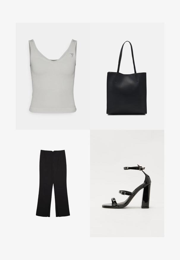 Light grey ribbed tank top with a scoop neckline, fitted shape, and narrow shoulder straps; features a small logo label on the upper right.; Black trousers with a straight fit, featuring front pockets and side slits at the hem. Made of soft, smooth fabric. Suitable for various occasions.; Black patent heeled sandals with a square toe, ankle straps, and silver buckles. Features a chunky block heel for stability.; Black leather tote bag with smooth texture, rectangular shape, and two long handles. No visible hardware or embellishments.