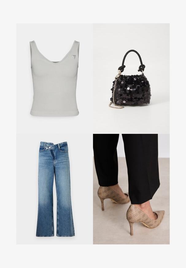 Jasnoszary prążkowany top o okrągłym dekolcie, dopasowany w kroju, z wąskimi ramiączkami; posiada małą metkę z logo na górnej prawej stronie.; Jasnoniebieskie dżinsy o fasonie dzwonów z wysokim stanem, z dwiema guzikami i kieszeniami z przodu. Materiał ma wyblakłą fakturę z subtelnymi odcieniami.; Beżowe szpilki z teksturowanej tkaniny z powtarzającym się wzorem. Spiczasty krój z tylnym akcentem i złotym detalem na obcasie.; Czarna mini torebka z cekinami, z węzłowym, teksturowanym paskiem i srebrnym łańcuchem. O zaokrąglonym kształcie z marszczoną górą i refleksyjnymi detalami.