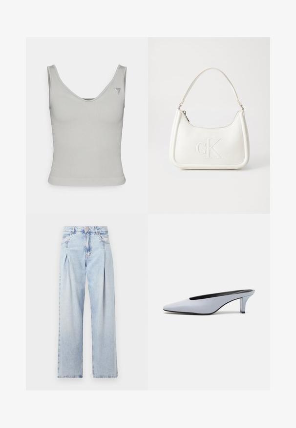 Hellgraues geripptes Tanktop mit Rundhalsausschnitt, figurbetonter Form und schmalen Schulterträgern; verfügt über ein kleines Logoetikett oben rechts.; Helle blaue Denim-Jeans mit hoher Taille, weitem Beinschnitt, zwei seitlichen Taschen und gefaltetem Design. Weiche Textur mit einem ausgebleichten Finish.; Helles blaues Lackleder-Mule mit spitzem Zehenbereich, niedrigem transparentem Absatz und einem eleganten Design, das einen Ausschnitt im Vorderblatt aufweist.; Weiße Lederhandtasche mit abgerundeter Form, ausgestattet mit einem geprägten "CK"-Logo auf der Vorderseite und einem Einzel-Schultergurt. Reißverschluss oben.
