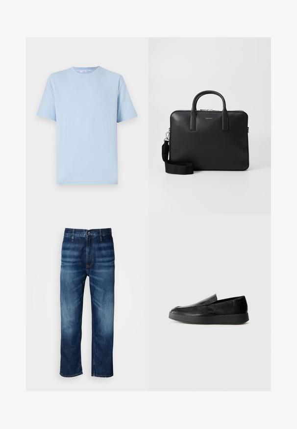 Helles blaues T-Shirt mit kurzen Ärmeln aus weicher Baumwolle. Verfügt über einen Rundhals und eine lockere Passform, mit glatter Textur und ohne sichtbare Muster.; Dunkelblaue, gerade geschnittene Jeans aus Denim mit subtilen Ausbleichungen an den Oberschenkeln und einem Knopfverschluss am Bund, präsentiert vor einem weißen Hintergrund.; Calvin Klein HYBRID CUP - Slipper - triple black; Schwarze Lederaktenmappe mit strukturiertem Finish, doppelten Griffen, abnehmbarem Schultergurt und einem Logo-Detail an der Vorderseite. Reißverschlussverschluss.