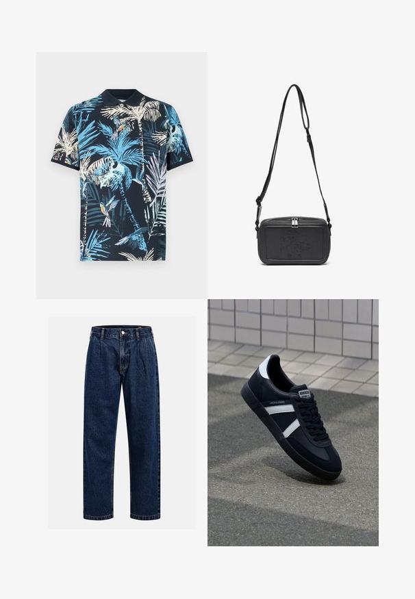 Polo de marina cu un imprimeu colorat tropical, cu frunze de palmier și păsări, realizat dintr-un material moale din bumbac, având o guler clasic.; Jeans din denim albastru închis cu un design drept. Prezintă cusături vizibile, închidere cu buton și pliuri frontale pentru un detaliu suplimentar.; Sneaker din piele neagră cu dungi albe, talpă din cauciuc texturat și șireturi. Prezintă un eticheta de marcă pe limbă.; Geantă din piele neagră, tip crossbody, cu închidere cu fermoar, logo embosat pe față și curea ajustabilă. Textură netedă și formă rectangulară.