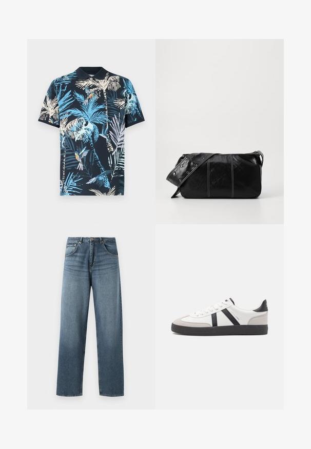 Tamsiai mėlynas polo marškinėliai su spalvingu tropiniu raštu, kuriame pavaizduoti palmių lapai ir paukščiai, pagaminti iš minkštos medvilnės medžiagos su klasikiniu apykakle.; Tiesi blue džinsai su tiesiomis kojomis, turintys nublukusią apdailą, su penkių kišenių dizainu, metaline saga ir diržo kilpomis. Tvirto vidutinio svorio audinys.; Balti sportbačiai su juodais ir pilkais akcentais, pasižymintys tekstūruotu pilku pirštų dangteliu, juoda gumine padais ir plokščiomis baltomis raišteliais. Švarus dizainas, minimalistinis stilius.; Juodas odinis pečių krepšys su užtrauktuku, turintis tekstūruotą paviršių, baltą siuvinėjimą ir dirželį su sidabinėmis metalinėmis detalėmis.