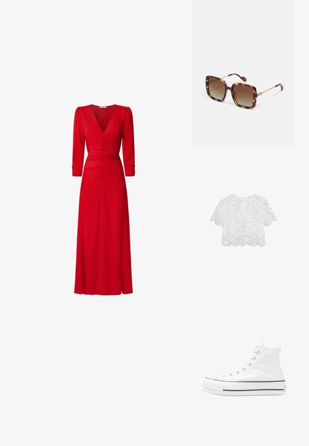 Biely čipkovaný crop top s krátkymi rukávmi, kvetinovým vzorom, zúbkovaným lemom a jemne textúrovaným povrchom. Obsahuje zips na zadnej strane.; Červené šaty s výstrihom do V, trojštvrťovými rukávmi a nariasením v oblasti pása a na chrbte. Materiál vyzerá hladko a ľahko.; Biele vysoké plátené tenisky s čiernou gumovou podošvou, prednou gumovou špičkou a šiestimi okami na šnúrky, s čistým, minimalistickým dizajnom.; Hnedé korytnačkové slnečné okuliare so štvorcovým tvarom, gradientovými šošovkami a zlatými kovovými akcentmi na bočniciach a ramenách. Textúrovaný povrch.; Červená kožená kabelka s ostrým, geometrickým dizajnom. Má jeden nastaviteľný popruh a uzatváranie na klopu so šitím.