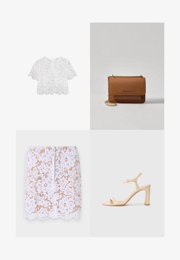 Bijela čipkasta crop top majica kratkih rukava, cvjetni uzorak, obrub s valovitom ivicom i suptilan teksturirani finiš. Ima zatvaranje na zip na leđima.; Bijela čipkasta suknja s cvjetnim uzorkom, valovitim rubom i diskretnim ukrasima. Ima prilagođeni dizajn i skriveni stražnji patentni zatvarač.; Bež sandale na visokom potpeticu s remenom oko gležnja i zlatnom kopčom, otvoreni prsti i blok potpetica na bijeloj pozadini.; Smeđa kožna torba preko tijela s teksturom, zlatnim lančićem i preklopom na zatvaranju. Na prednjoj strani nalazi se detalj s potpisom i džep ispod preklopa.