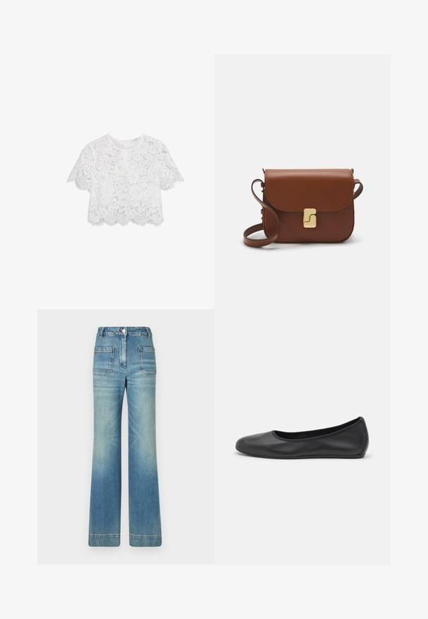 Bílý krajkový crop top s krátkými rukávy, květinovým vzorem, vlnitým lemem a jemnou texturovanou úpravou. Obsahuje zip na zádech.; Světle modré džíny s rozšířenými nohavicemi, pěti kapsami, poutky na opasek, zapínáním na knoflík a mírně vybledlou texturou, s červeným logem na zadní straně.; Černé kožené baletní byty s kulatou špičkou, hladkou texturou, minimálními švy a flexibilním designem podrážky.; Hnědá kožená kabelka s klopou, zlatými kovovými detaily, ramenním popruhem a hladkým povrchem. Kompaktní obdélníkový tvar.