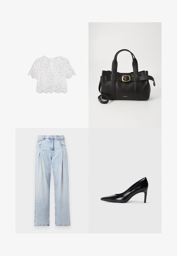 Top corto de encaje blanco con mangas cortas, patrón floral, dobladillo ondulado y un acabado texturizado sutil. Cuenta con un cierre de cremallera en la parte posterior.; Jeans de mezclilla azul claros con cintura alta, corte de pierna ancha, dos bolsillos laterales y un diseño plisado. Textura suave con un acabado deslavado.; Zapato de tacón alto de cuero negro con punta afilada, textura suave y tacón en forma de cono. Diseño minimalista, sin adornos adicionales.; Bolso de cuero negro con un diseño estructurado, doble mango superior, detalle de hebilla en tono dorado y logo de la marca grabado en la parte frontal.