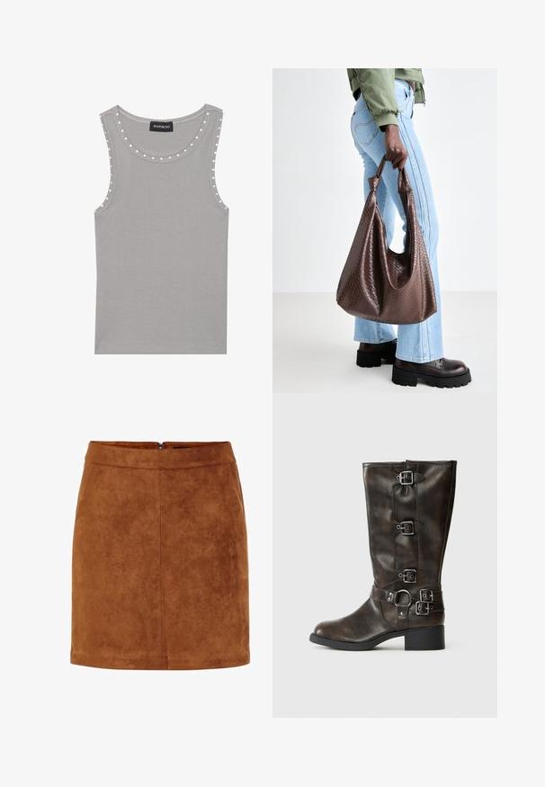 Gray sleeveless top made of ribbed fabric, featuring a rounded neckline with white dot accents along the edges. Clean hem finish.; Brown suede mini skirt with a smooth texture, straight cut, and a discreet back zipper. Features seam detailing for structure.; Brown leather knee-high boots with multiple buckles, a round toe, and a low chunky heel. Features a textured finish and adjustable straps.; Brown woven leather tote bag with knotted handles, carried by a person in light blue jeans and black chunky shoes. Smooth, textured surface.
