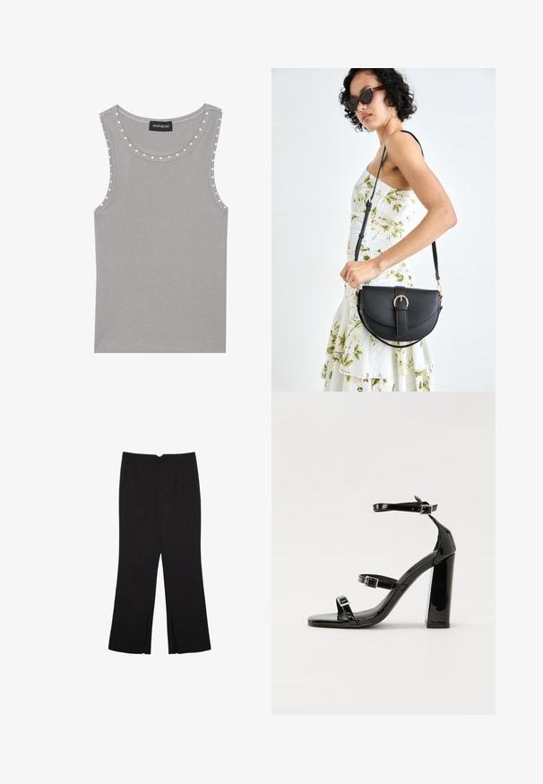 Siva brezrokavnik iz rebraste tkanine, ki ima okroglo ovratnico z belimi pikčastimi poudarki ob robovih. Čista obroba.; Črne hlače ravnega kroja z naglavnimi žepi in stranskimi razporki na robu. Narejene iz mehke, gladke tkanine. Primerne za različne priložnosti.; Črne lakaste sandale z visokimi petami, z dvema trakovoma z zaponkama, kvadratnim sprednjim delom in masivno širšo peto, z gladko, sijočo teksturo.; Črna usnjena torbica s ukrivljeno obliko, z odstranljivo naramnico in zlatimi dodatki. Torbica ima pokrov s podrobnostmi v obliki zaponke.