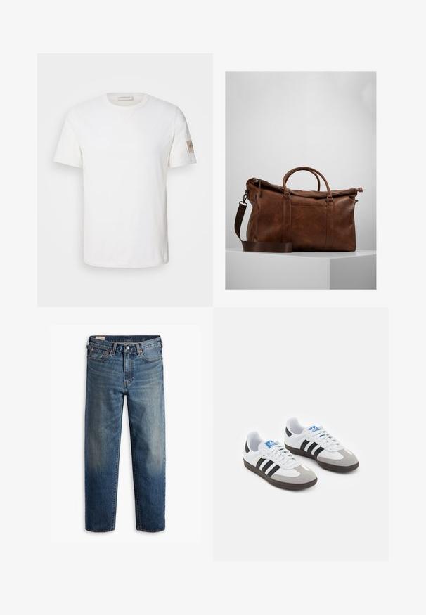 Calvin Klein Jeans BADGE REGULAR TEE - Jednoduché tričko - ivory; Modré rovné džíny z denimu s klasickým pětipocketovým designem, zapínáním na knoflík a jemně vybledlým umyvadlem na stehnech a kolenou.; Sportovní boty s bílým koženým svrškem, šedou semišovou špičkou a třemi černými pruhy. Obsahují modré logo na jazyku a texturovanou gumovou podrážku.; Hnědá kožená cestovní taška s uzávěrem na zip, dvojitými uchy, nastavitelným ramenním popruhem a viditelnými textura vzory na povrchu.