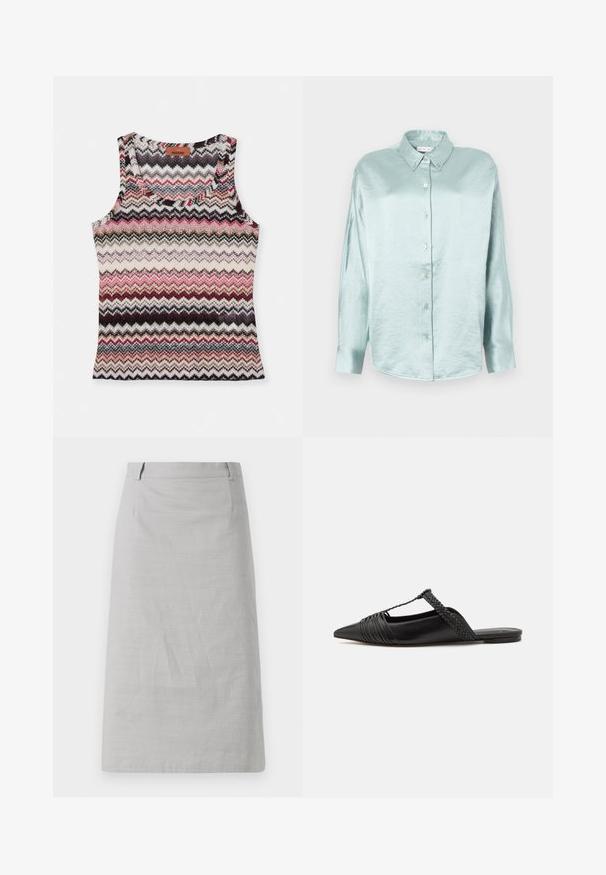 Spleciony top bez rękawów z wzorem w zygzaki w odcieniach różu, czerni, szarości i kremu. Okrągły dekolt.; Jasnoniebieska koszula na guziki, wykonana z błyszczącego, miękkiego materiału; posiada kołnierz, długie rękawy i zaokrąglony dół o luźnym kroju.; Szara spódnica ołówkowa o gładkiej fakturze, dopasowanym kroju i płaskim pasie, z bocznymi szwami i bez widocznych wzorów lub akcentów.; Czarny skórzany but na odkrytej pięcie z pointed toe, ozdobiony plecionym akcentem i plisowanym wzorem górnej części. Płaska podeszwa z minimalnymi elementami.