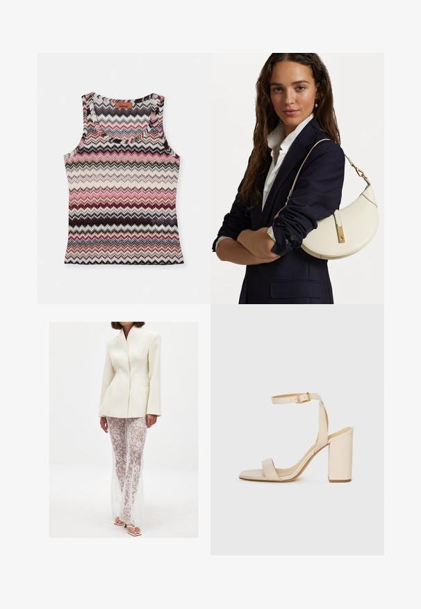 Adīts bezpiegu tops ar zigzag rakstu rozā, melnā, pelēkā un krēmkrāsas toņos. Apaļa kakla izgriezuma un bez piedurknēm dizains.; Balta garām piedurknēm pogājamā krekla, izgatavota no gludas auduma, ar klasisku apkakli un maigu spīdumu, noapaļotiem malām un pogu detaļām.; Balta struktūrētā žakete ar asu apkakli ir apvienota ar garām caurspīdīgām mežģīnēm, kas rotātas ar ziedu rakstiem un pieguļošu siluetu.; Bežīgas augstpapēžu sandales ar kvadrātu purngalu, plānu potītes siksnu un blokveida papēdi. Gluda ādas tekstūra ar zelta sprādzi.; Balta ādas rokassoma ar izliekumu formu, zelta furnitūru un teksturētu apdari, valkāta pāri tumšam žaketam un baltai krekla.