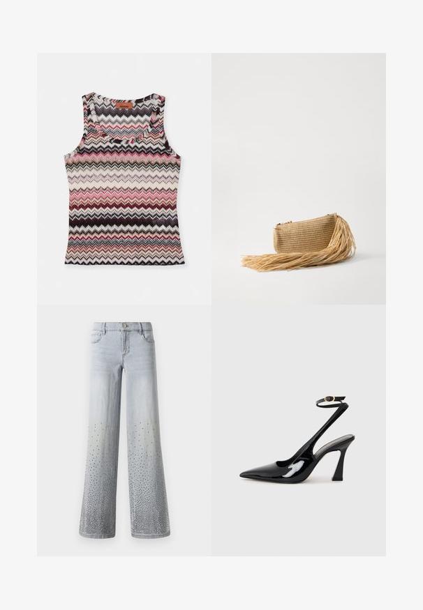 Camisola de malha com um padrão zigzag em tons de rosa, preto, cinza e creme. Decote redondo e design sem mangas.; Jeans de ganga de perna larga em azul claro, apresentando um efeito ombré gradual e adornados com tachas prateadas na metade inferior.; Sapatilhas de salto alto em verniz preto, com bico afiado, tiras ajustáveis no tornozelo e um salto quadrado moderado. Textura suave com acabamento brilhante.; Cult Gaia VIERA - Carteira de mão - natural