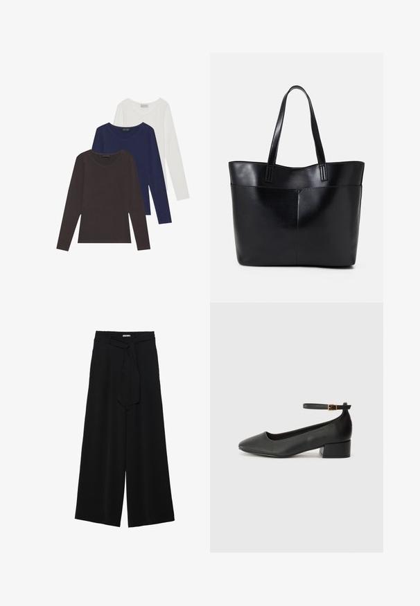 Kolm pikka varrukatäit ja T-särki pruunis, tumesinis ja valges, millel on V-kaelus ja mis on valmistatud pehmest puuvillast.; Mustad laiad püksid, millel on tekstureeritud kangas, elastne vöökoht ja eemaldatav pael vööst, et reguleerida sobivust.; Must mustaapp, millel on terav nina ja madal blokk-kand. Omab pahkluu rihma koos kuldse tooni pandlaga. Sile tekstuur.; Must mustaga musta nahast, millel on kaks pikka kanda, sile tekstuur ja struktureeritud kuju. Esipoolsel on lisakoti jaoks tasku.