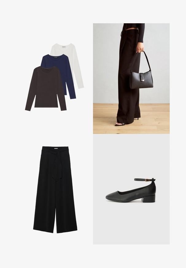 Sada troch tričiek s dlhým rukávom v hnedej, námorníckej a bielej farbe, s výstrihom do V a vyrobených z mäkkej bavlny.; Čierne široké nohavice s textúrovanou tkaninou, elastickým pásom a odnímateľným viazaním na páse pre nastaviteľné priliehanie.; Čierne kožené lodičky s špicatou špičkou a nízkym blokovým podpätkom. Obsahuje remienok okolo členka so zlatým prackou. Hladký povrch.; Čierna kabelka so štruktúrovaným tvarom, hladkou textúrou a kovovou sponou. V kombinácii so širokými čiernymi nohavicami a sandálmi s otvorenou špičkou na drevenej podlahe.