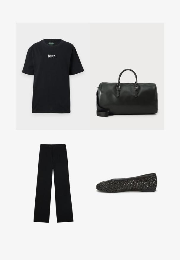 Musta puuvillapaita rennolla mitoituksella. Etuosassa on valkoinen "RVCA" -logo. Lyhyet hihat ja pyöreä kaula-aukko.; Mustat leveälahkeiset housut, jotka on valmistettu sileästä kankaasta. Housuissa on etunappi kiinnitys ja kaksi laskosta lisäyksinä. Yleisesti ottaen muotoiltu malli.; Musta litteä kenkä, jossa on teksturoitu, kudottu päällinen ja smoothi nahkasaumat. Pyöristetty kärki ja matala profiilisiima mukavuutta ja joustavuutta varten.; Mustat nahkaduffelilaukku, jossa on kaksoiskahvat, hopeinen metalliosuus ja säädettävä olkahihna. Sileä pinta ja vetoketjukiinnitys.