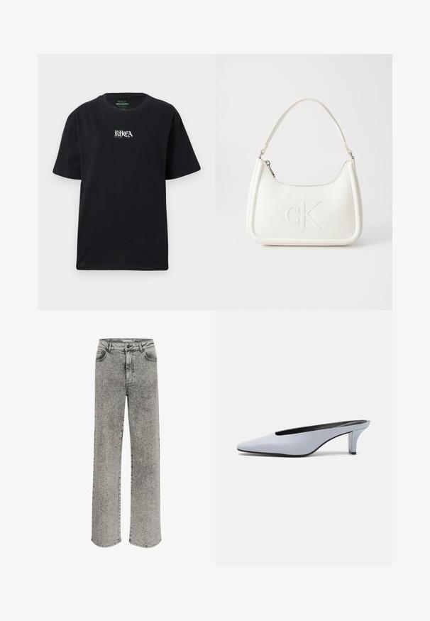 Melna kokvilnas T-kreklā ar brīvu piegriezumu. Priekšpusē ir balts "RVCA" logotips. Īsas piedurknes un apaļa kakla izgriezums.; Pelēki džinsi ar taisnām kājām, rotāti ar sudrabainiem kniedēm visā virsmā. Iekļauj klasisko piecu kabatu dizainu un pogu aizdari.; Gaiši zila lakota ādas mūļu kurpe ar norādītu purngalu, zemu caurspīdīgu papēdi un elegantu dizainu ar izgriezumu pie augšējā daļa.; Balta ādas rokassoma ar noapaļotu formu, uz kuras priekšpuses ir izgriezts "CK" logo un viena plecu siksna. Augšā aizverama ar rāvējslēdzēju.