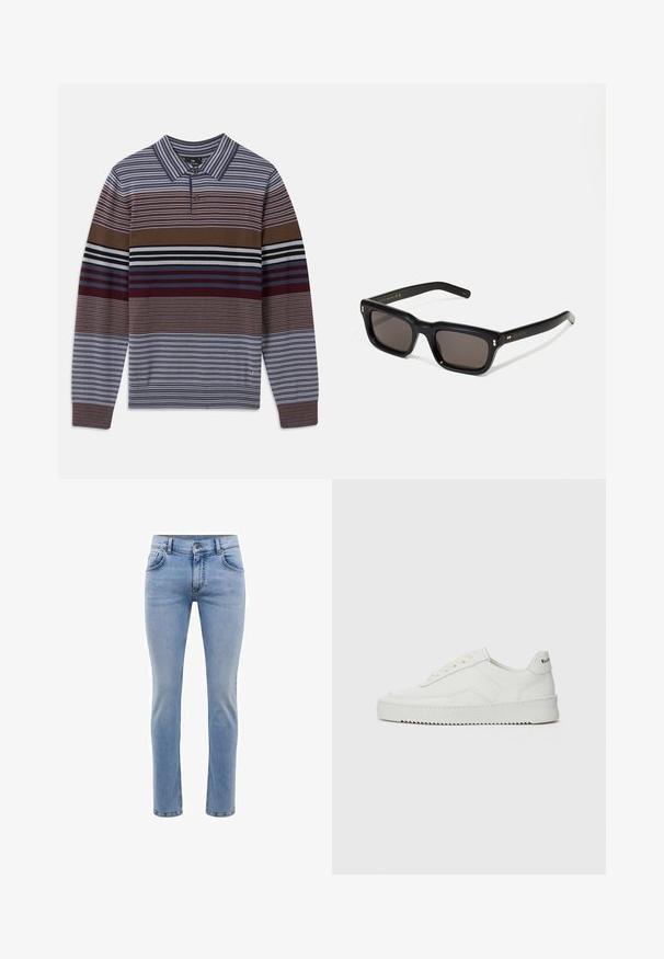 Pikendega pullover vahelduvates sinise, pruuni ja marooni triipudes, mis on varustatud krae ja ühe nööbiga kinnitusega. Tekstuuritud kudum.; Heledad sinine denimist teksapüksid, kitsas lõige, viie taskuga ja sirge jalaga disain. Omab tõmblukkuga lukkuklappi ja vöörihmasid. Pehme tekstuur.; Valge nahast tennis, millel on sile põhi, ümar varvas, lamedad nöörid ja tekstuuriline tall. Sisaldab diskreetset logo kontsaribal.; Mustad mustakorruselised prillid tumedate läätsedega, paks plastikraam, kuldsed aksendid templites ning kaubamärgi logo graveeritud käe lilla.