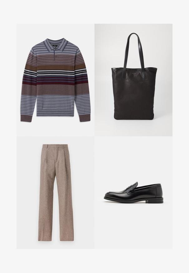 Pulover z dolgimi rokavi z izmeničnimi snope modre, rjave in bordo barve, z ovratnikom in enim gumbom za zapiranje. Teksturirana pletenina.; Rjave hlače z visokim pasom, izdelane iz teksturirane tkanine. Imajo široke noge in dve sprednji pregibi za strukturo. Urejen zaključek brez vidne strojne opreme.; Črne usnjene loafer čevlje z gladko teksturo, zaobljenim nosom in dekorativnim trakom čez zgornji del. Nizka zložena peta, minimalističen dizajn.; Črna platnena torba s črnimi usnjenimi ročaji. Preprost dizajn, prostorna notranjost in gladka tekstura. Brez vidnih logotipov ali vzorcev.
